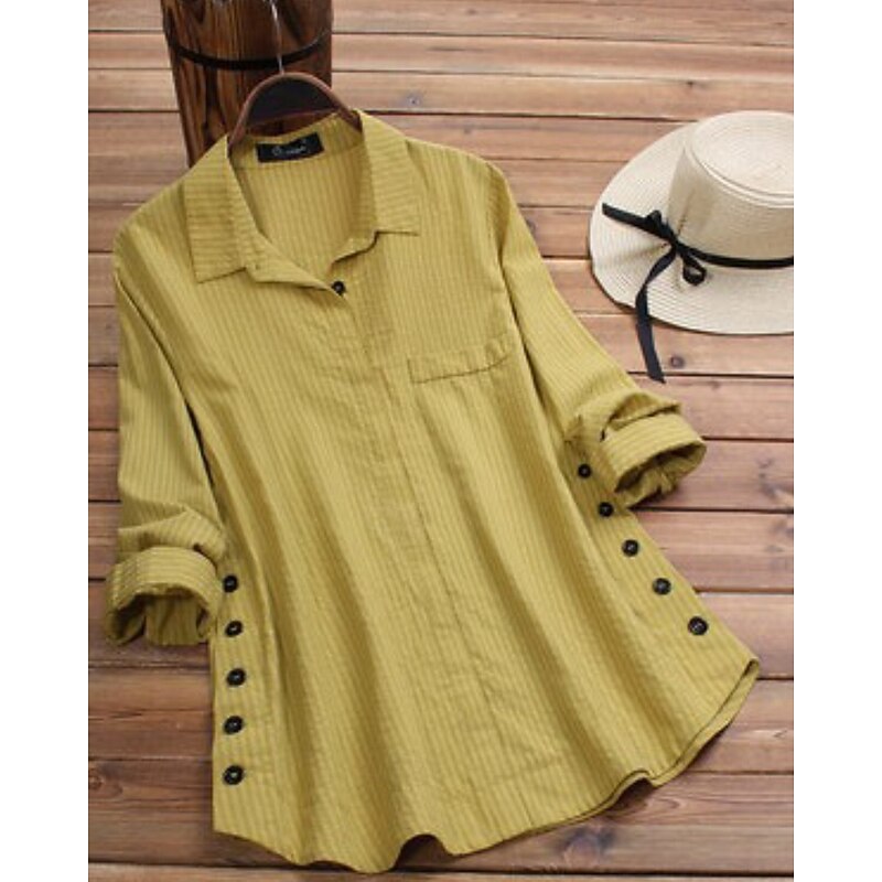 Women's Shirt Blouse Striped Modern Casual Long Sleeve Shirt Collar Regular Tops Daily Holiday Going out Buttons Yellow Green Fall3