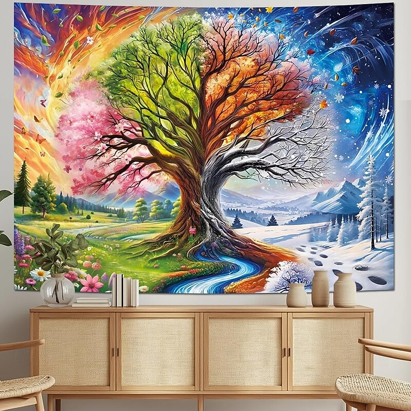 Colorful Tree of Life Tapestry Four Seasons Trees Tapestrie Spring Flower Green Summer Autumn Leaves Winter Snowflake Magical Natural Landscape Wall Hanging for Home Decor 78.7*59.12