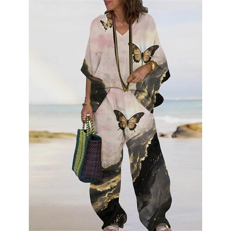 Women's Vacation Fashion Pants Sets 3/4 Length Sleeve V Neck Butterfly Print Vacation Daily Holiday Black Purple Khaki Summer Regular Fit