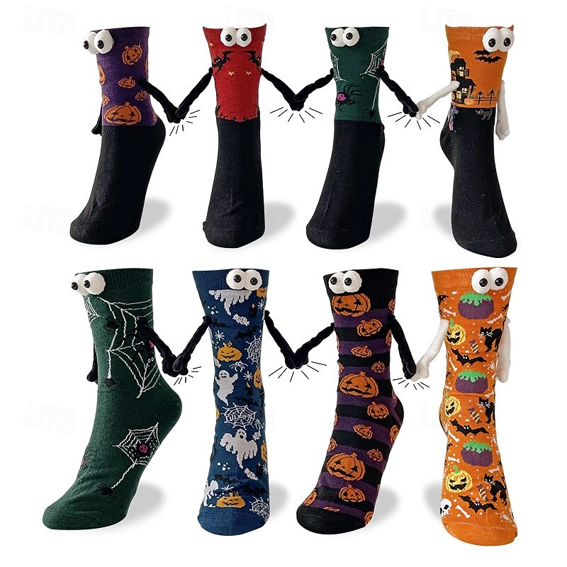 Halloween Animal Mid-Calf Socks, Geometric Funny Skull Socks, Happy Face Unisex Socks, Trendy Couple Hand-Holding Socks