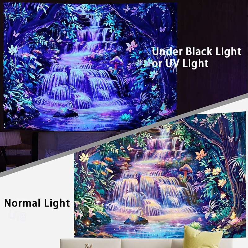 Trippy Waterfall Forest Tapestry – Glow in the Dark Psychedelic Wall Hanging for Bedroom or Dorm Decor4