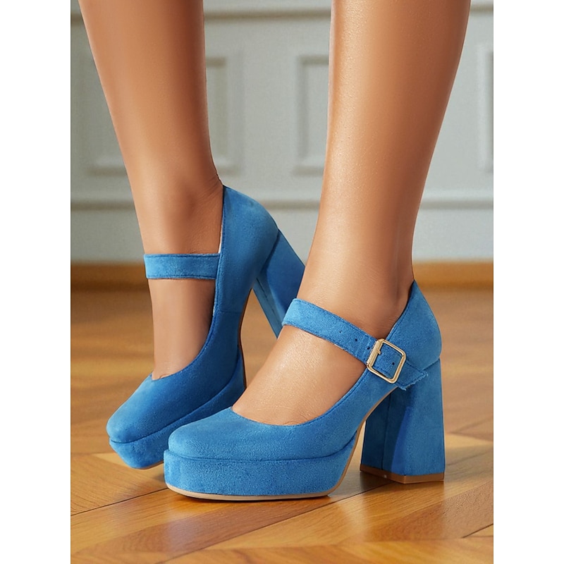 Women's Blue Suede Mary Jane Block Heel Pumps – Platform Round Toe Buckle Strap 1950s Vintage Party Shoes for Weddings, Cocktail, and Evening Outfits