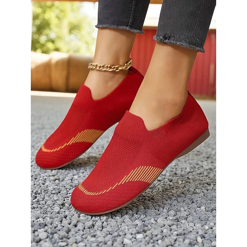 Women's Wide Fit Red Flyknit Slip-On Shoes – Breathable Lightweight Casual Loafers for Office, Travel and Daily Comfort3