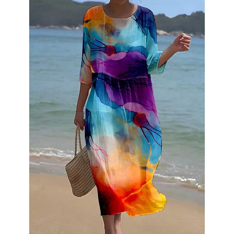 Women's Maxi Dress Kaftan 3/4 Length Sleeve Crew Neck Casual Shift Dress Dress Boho Daily Holiday Date Graphic Abstract Yellow Purple Green Spring3