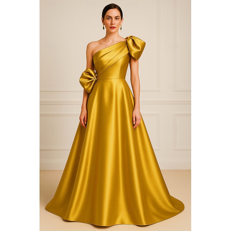 A-Line Evening Gown Elegant Dress Formal Wedding Floor Length Sleeveless One Shoulder Pocket Satin with Pleats Shouder Flower