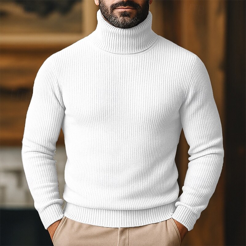 Men's Sweater Pullover Sweater Jumper Ribbed Knit Regular Tops Knitted Slim Fit Plain Turtleneck Knitwear Contemporary Casual Daily Wear Clothing Apparel Fall Winter Wine Black S M L3