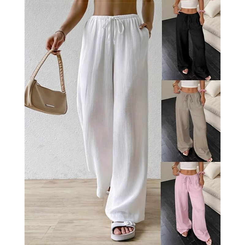 Women's Wide Leg Pants Trousers Palazzo Pants Fashion Streetwear Full Length High Waist Plain Elastic Waist Breathability Comfortable Street Daily Wear Going out Black White Pink Khaki Summer Spring