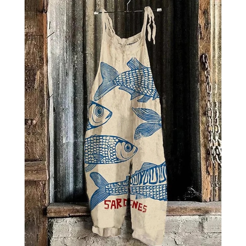 Women's Jumpsuit Vacation Vintage Ethnic Style Full Length Mid Waist Animal Fish Breathability Lightweight Soft Inelastic Causal Casual Daily White Blue Khaki Beige Summer Spring2