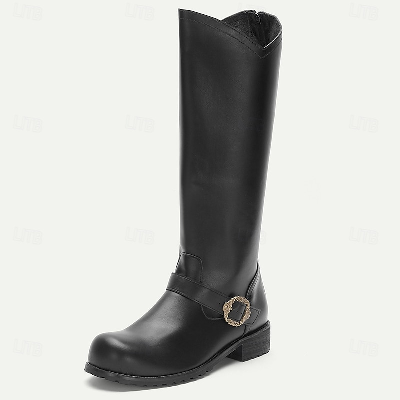 Men's Black Genuine Leather Tall Riding Boots with Buckle Detail – Classic Medieval Inspired Knee High Boots for Festivals, Stage Performance and Halloween Costumes3