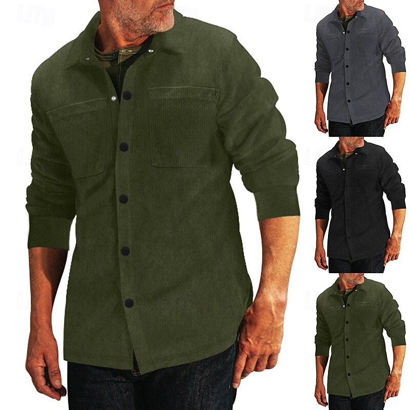 Men's Shirt Casual Shirt Beach Shirt Corduroy Shirt Button Up Shirt Black Army Green Gray Long Sleeve Plain Lapel Vacation Hawaiian Pocket Clothing Apparel Polyester Fashion Casual Comfortable