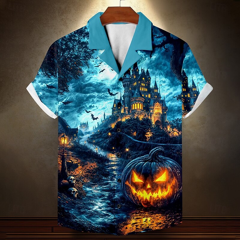 Halloween Men's Pumpkin Bat Halloween Costumes Shirt Cuban Collar Shirt Button Up Shirt Short Sleeve Dark Gothic Style Holiday Summer Camp Collar Shirt 3D Print Blue