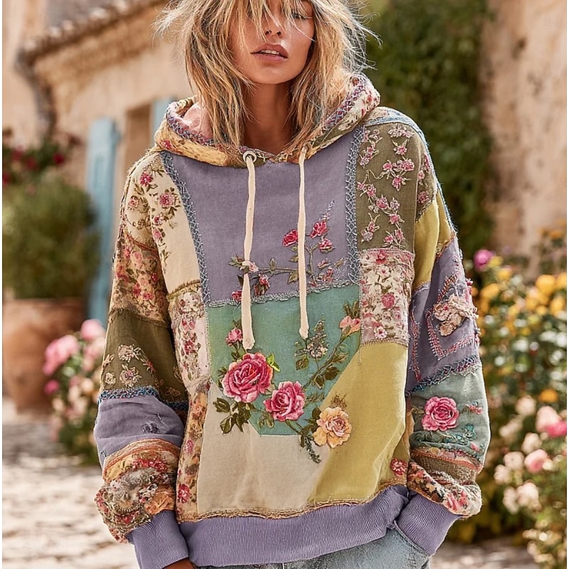 Women's 3D Print Vintage Boho Hoodie Patchwork Hoodie Sweatshirt Floral Pullover Sweatshirt Oversized Long Sleeve Casual Warm Active Hooded Street Dailywear Dark Blue Purple Green Spring Fall Winter4