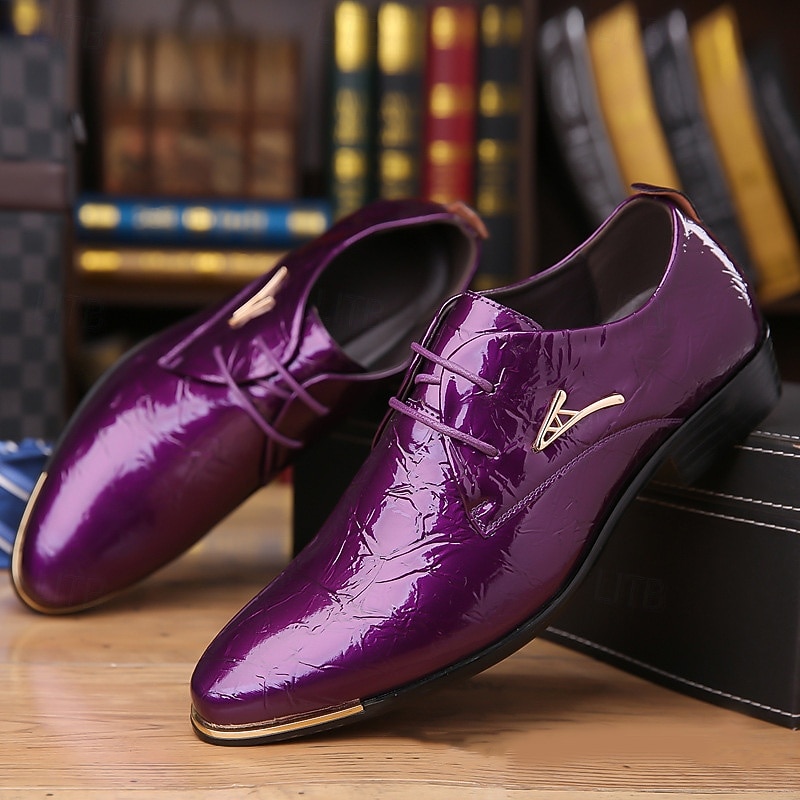 Men's Shiny Purple Patent Lace-Up Dress Shoes – Bold Formal Footwear for Parties and Stage Performances2