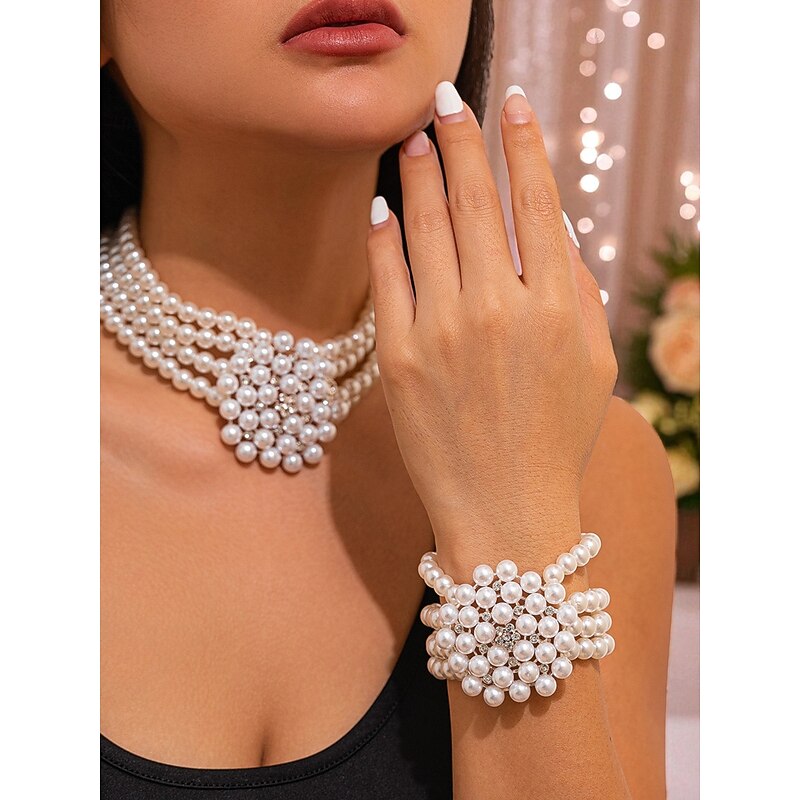 Women's Pearl Necklace and Bracelet Set Vintage Gatsby Style Jewelry for Parties and 1920s Themed Events