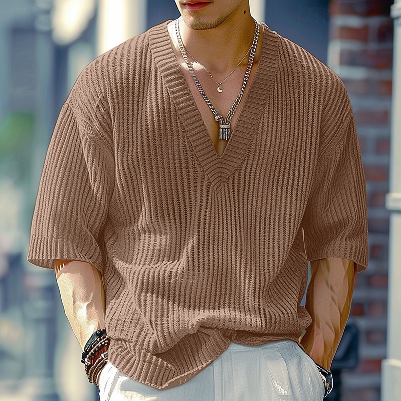 Men's T Shirt Tee Short Sleeve Shirt Tee Top Half Sleeve V Neck Summer Plain Fashion Designer Basic Knitting Vacation Street Going out Black Coffee Top Tee for Men