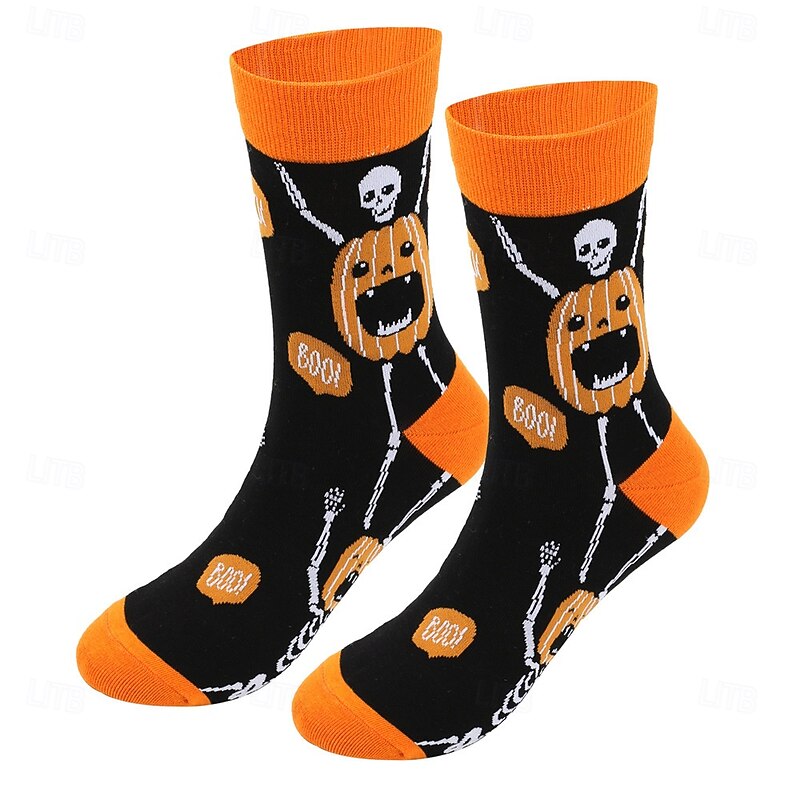 Halloween Oversized Women's Cotton Socks, Autumn Winter Large Size Unisex Mid-Calf Socks with Witch and Pumpkin Design3