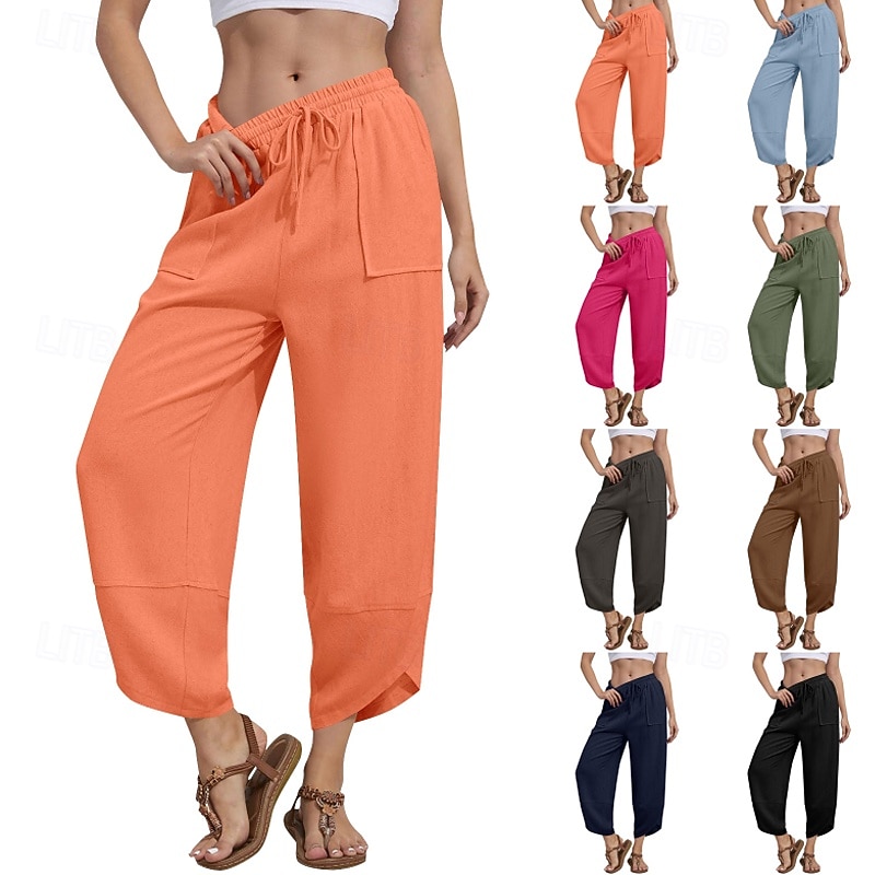 Women's Wide Leg Slacks Streetwear Casual Full Length Natural Plain Pocket Elastic Drawstring Design Soft Street Daily Wear Weekend dark brown Dark-Gray Orange red Black Fall Regular Fit