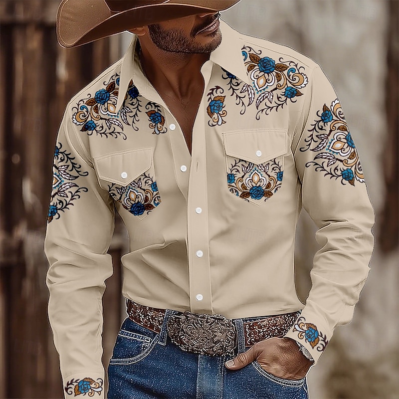 Men's Floral Print Ethnic Flowers Shirt Western Shirt Cowboy Shirt Long Sleeve Vintage Retro Outdoor Casual WorkWear Spring Fall Turndown Front Two Pockets Button Up Shirts Light Khaki Black Blue2