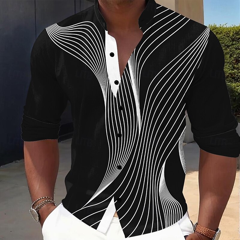 Men's Geometric Gradient Line Shirt Button Up Shirt Stand Collar Shirt Long Sleeve Casual Outdoor Vacation Daily Spring Fall Mandarin Collar Band Collar 3D Print Linen Like Shirt Blue Black-Red