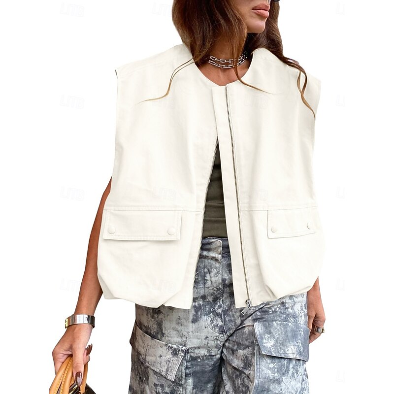 Women's Casual Jacket Comfortable Breathable Zipper Pocket Fashion Casual Solid Color Vacation Street Casual Daily Wear Zipper Short Stand Collar Regular Fit Sleeveless Outerwear Black White Khaki2