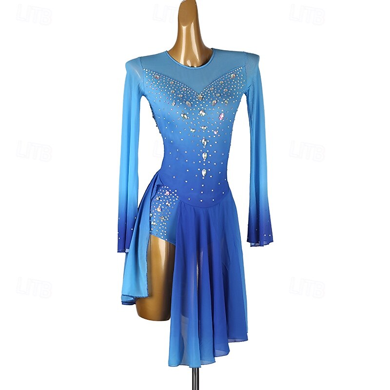 Figure Skating Dress Women's Girls' Ice Skating Dress Royal Blue Patchwork Open Back Mesh Spandex High Elasticity Training Practice Professional Skating Wear Classic Crystal / Rhinestone Long Sleeve2