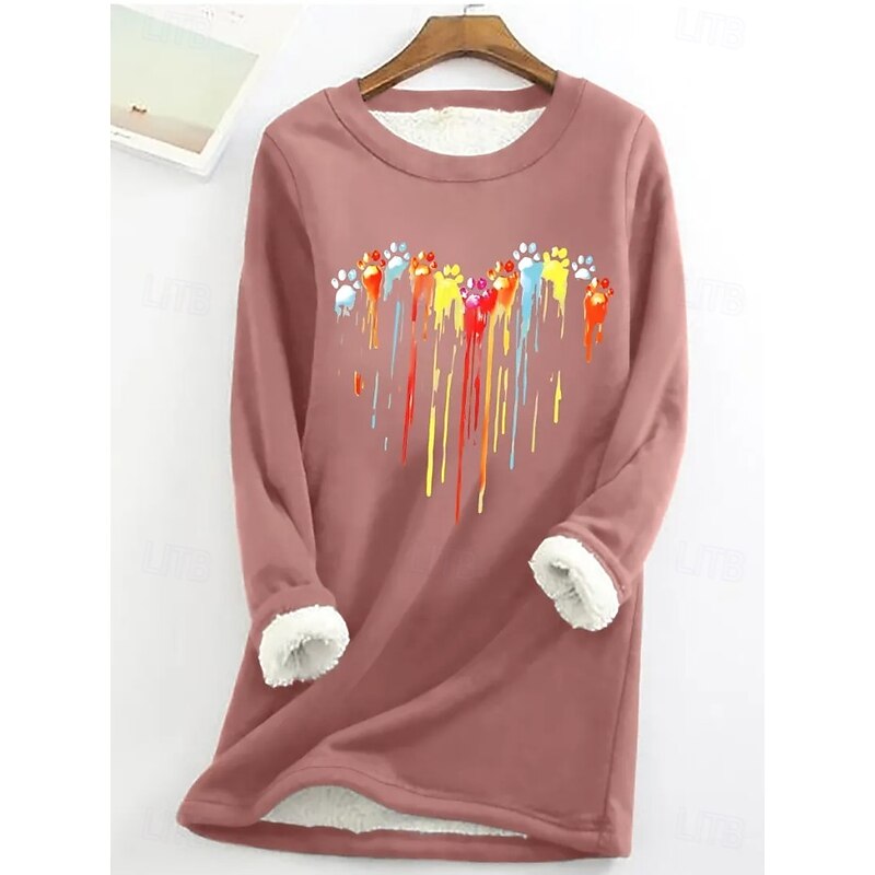 Women's Dog Paw Heart Casual Fluff Fleece Pullover Sweatshirt Graphic Letter Casual Long Sleeve Crew Neck Long Tops Street  Print Black Pink Blue Gray Fall Winter2