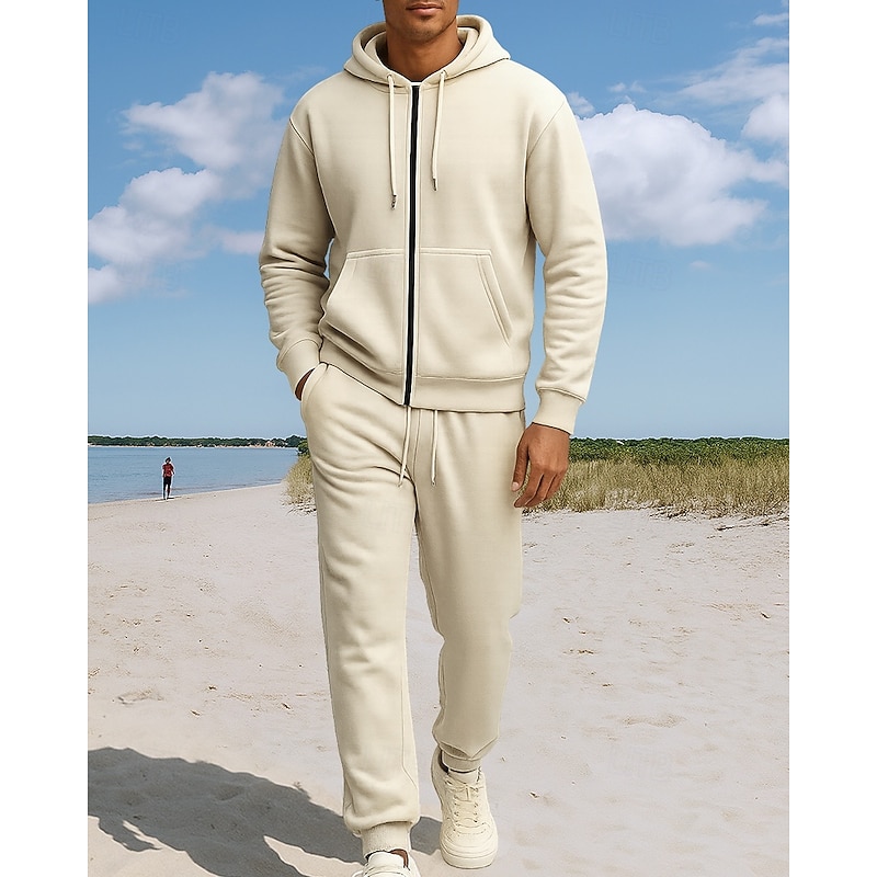 Men's Tracksuit Fleece Hoodie Two Piece Outfits Full Zip with Pocket Solid Colored Clothing Suit Fall Black Army Green Outdoor Travel Sports High Waist Thermal Warm Long Sleeve Sport Activewear