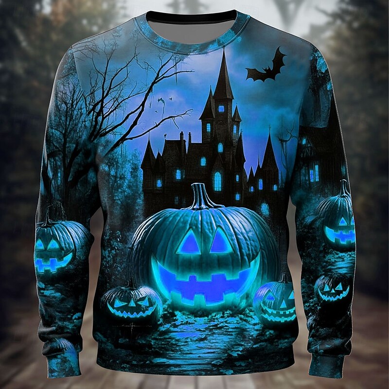 Halloween Men's Pumpkin Cemetery Sweatshirt Punk Party Long Sleeve Crew Neck Vacation Yellow Blue Crewneck 3D All Seasons Designer2