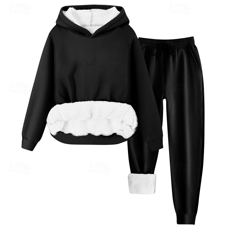 Women's Fleece Lined Pullover Sweatshirt Pajamas Active Blouse Hoodie Pants Sets Long Sleeve Hooded Solid Color Drawstring Daily Wear Casual Daily Black Yellow Light Green Winter Regular Fit