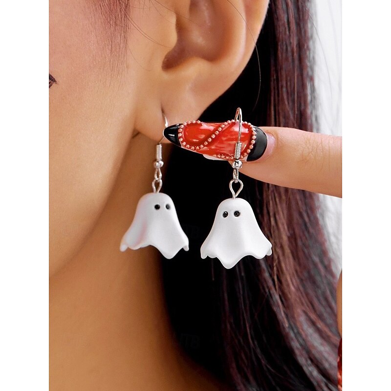 Women's Halloween Ghost Jewelry Set – Cute White Ghost Pendant Necklace and Drop Earrings for Party, Cosplay and Costume Accessories2