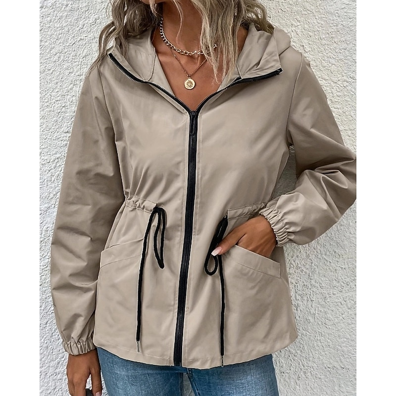 Women's Hoodie Jacket Warm Comfortable Drawstring Zipper Pocket Casual Plain Going out Weekend Zipper Regular Hooded Regular Fit Long Sleeve Outerwear Black Khaki Dark Gray Fall Winter2