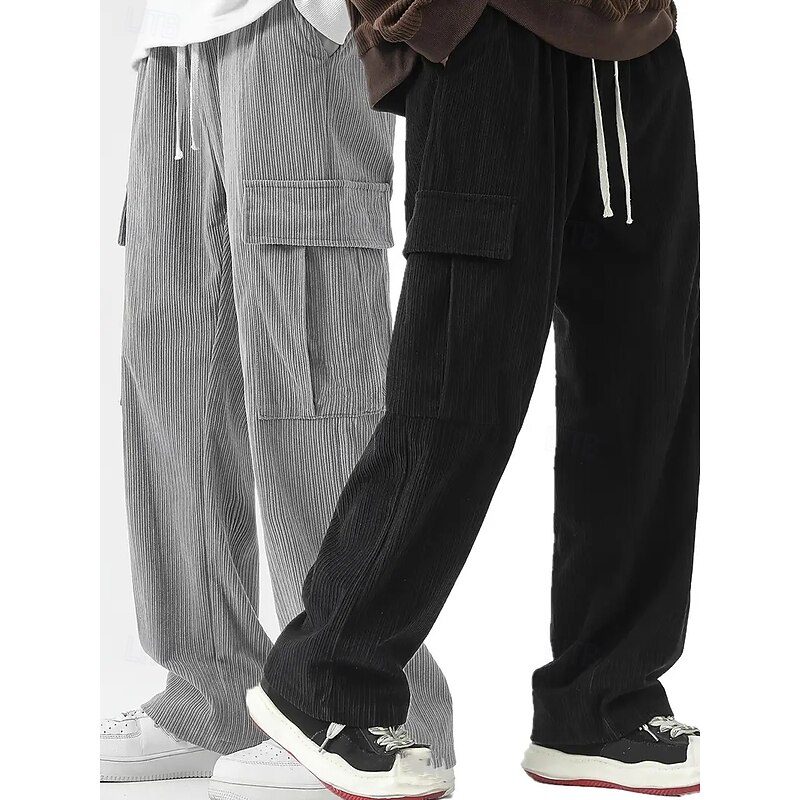 Multi Packs 2pcs Men's Black+Brown Sweatpants Corduroy Pants Trousers Drawstring Elastic Waist Plain Vacation Daily Wear Polyester Spring2