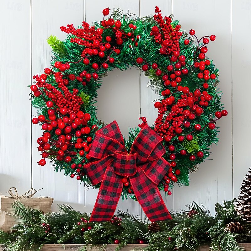 Christmas Wreath for Front Door Xmas Indoor Outdoor Decoration with Red Black Plaid Bow Rustic Style Faux Berry Rattan Garland for Holiday Home Window Shop Display3