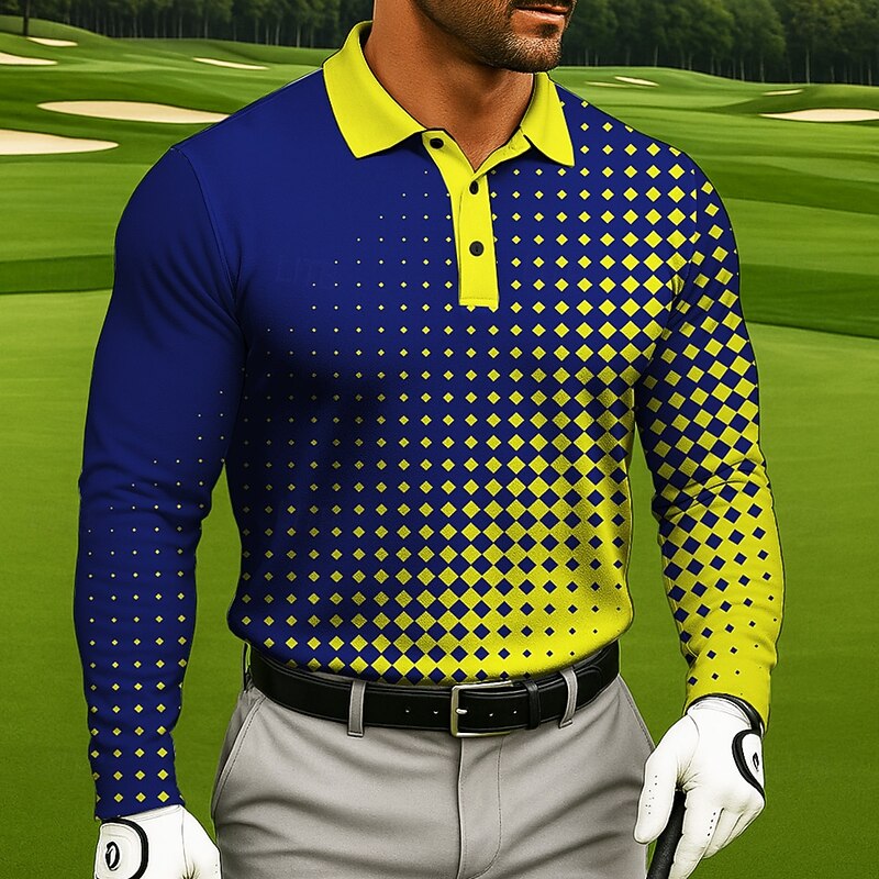Men's Geometic Golf Polo Long Sleeve Polo Shirts Lapel Casual Athleisure Daily Wear 3D Print Buttons Spring Fall Winter Yellow Orange Green