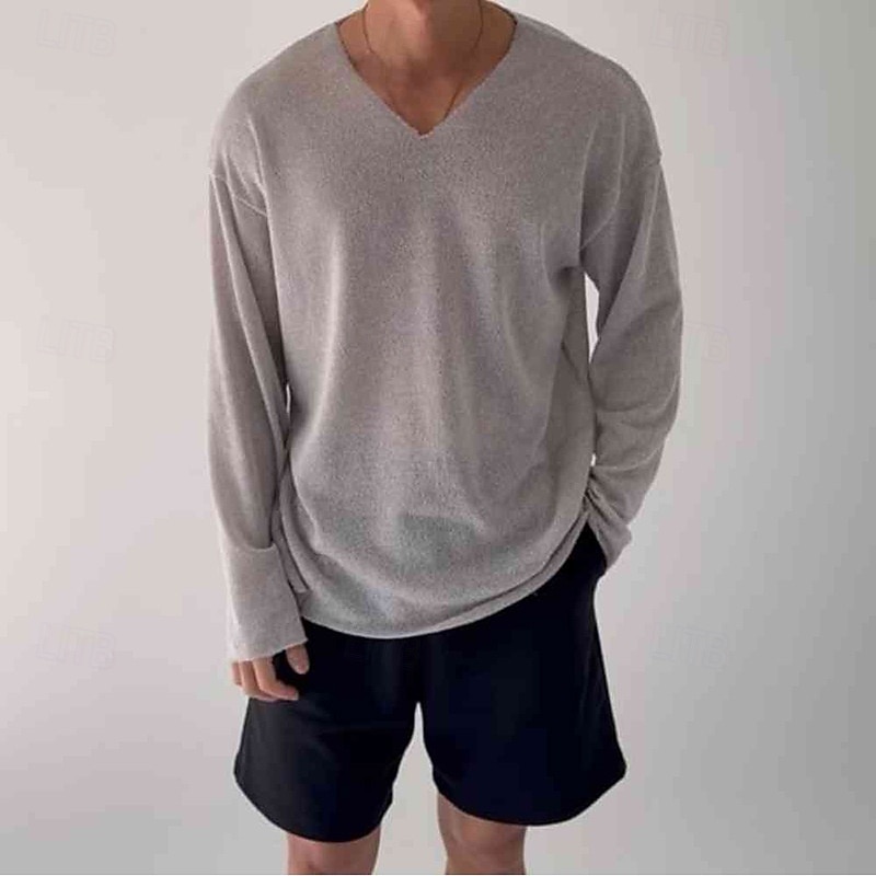 Men's T Shirt Tee Tee Top Long Sleeve Shirt Long Sleeve V Neck Spring Fall Plain Fashion Designer Basic Classic Vacation Street Going out Black Gray Top Tee for Men2