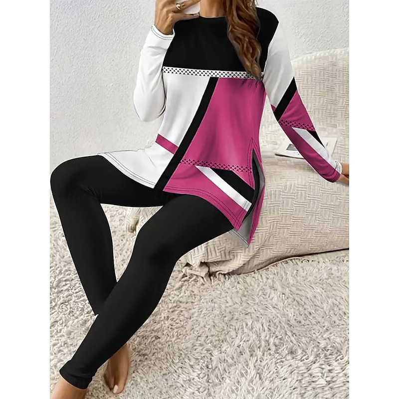Women's Pajama Set Loungewear Round Neck Long Sleeve Casual Fashion Pants Sets Graphic Geometric Print Daily Daily Pink Red Blue Spring Regular Fit4