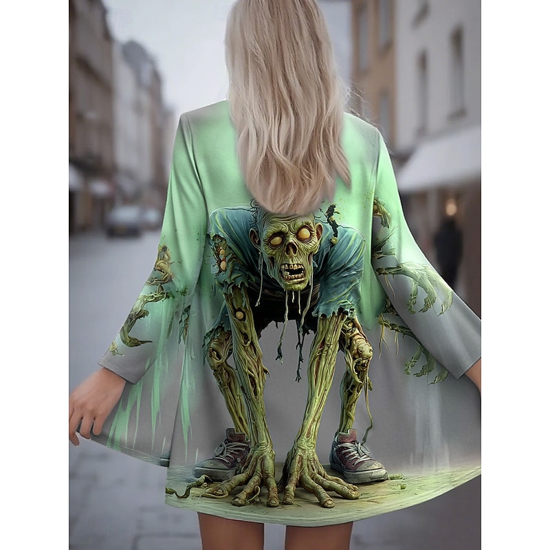 Halloween Women's Winter Coat Trench Coat Lightweight Comfortable Skulls Print Open Front Vintage Casual Skull Vacation Collarless Loose Fit Long Sleeve Outerwear Yellow Blue Purple Spring Fall