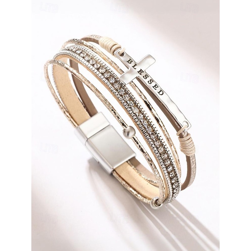 Women's Multi-Layer Rhinestone Cross Bracelet – Inspirational “Blessed” PU Leather Wrap Bangle for Casual, Church and Special Occasions