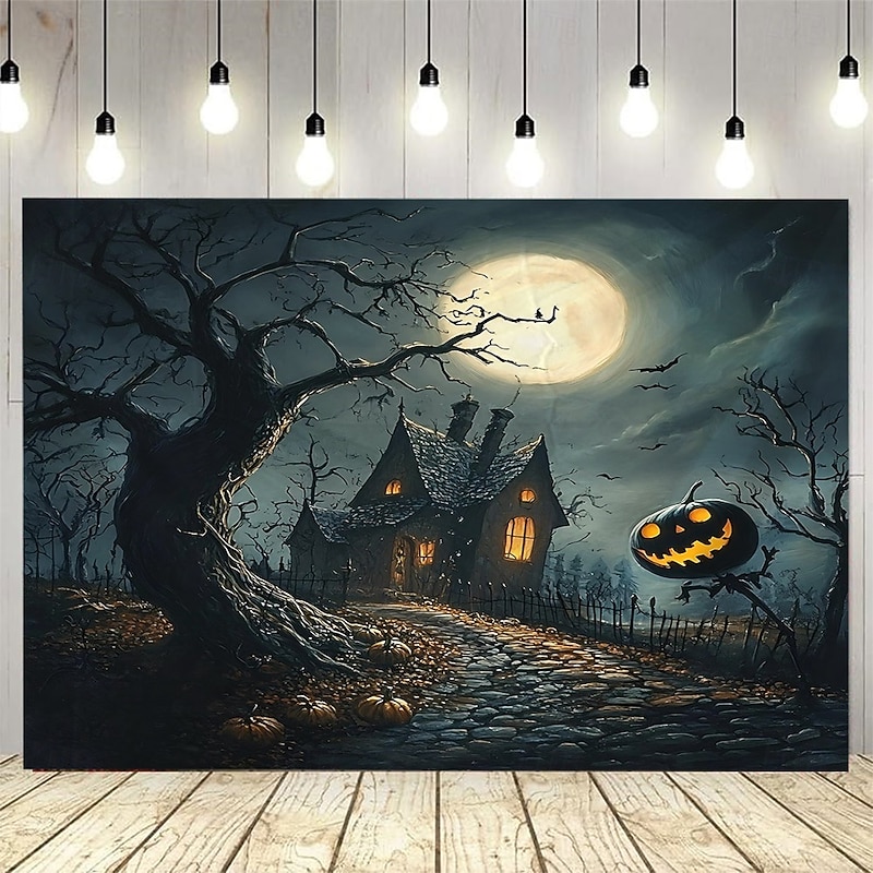 Halloween backdrop Haunted House Backdrop Tapestry, Spooky Full Moon Night with Creepy Tree, Pumpkin Lantern and Gothic Cottage, Scary Wall Hanging Decoration for Living Room, Bedroom, Party or Haunted Theme Decoration