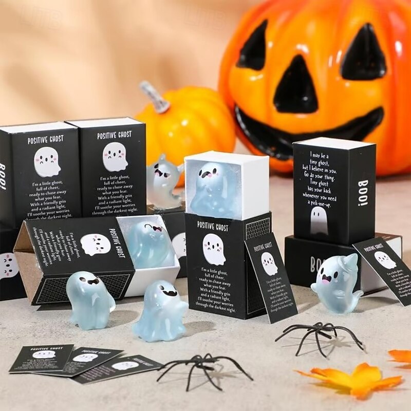 Halloween Glow in the Dark Mini Cute Ghost Decoration Figures with Box 6 Cute Ghost Decoration Figurines in 6 Designs with 6pcs Thank You Cards and Mini Box Suitable for Halloween3