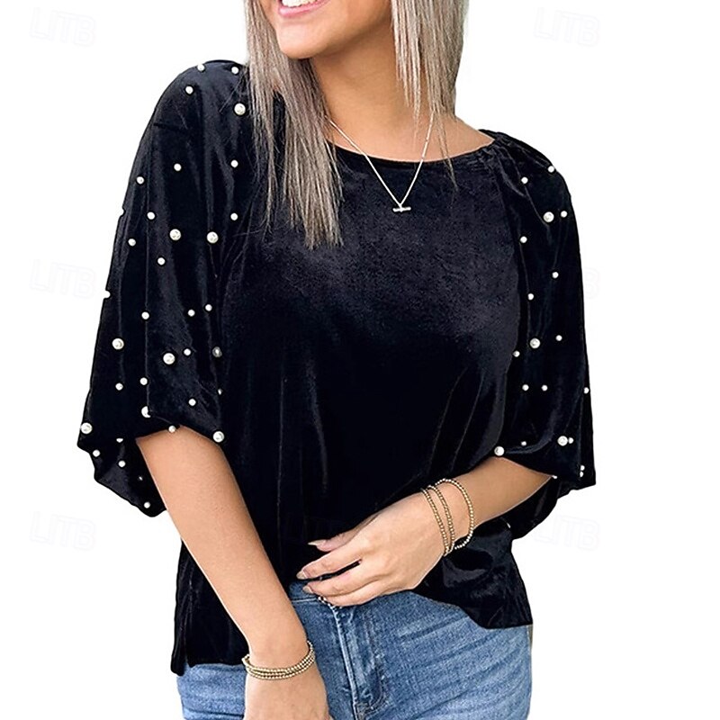Women's T Shirt Tee Top Solid Color Elegant Fashion Half Sleeve Round Neck Regular Tops Daily Weekend Black Spring Fall4