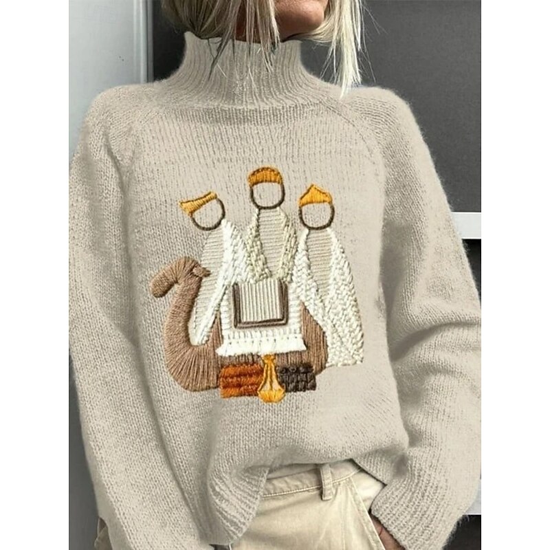 Women's Pullover Vacation Daily Tree Christmas Light Ribbed Turtleneck Knitted Print Long Sleeve Regular Tops Knit Outdoor Daily Holiday Camel Khaki Fall Winter