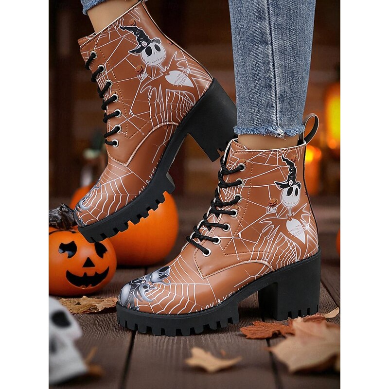 Women's Halloween Skull Print Chunky Heel Combat Boots with Spider Web Design – Gothic Lace-Up Ankle Boots for Cosplay, Trick-or-Treat, and Spooky Fall Fashion4