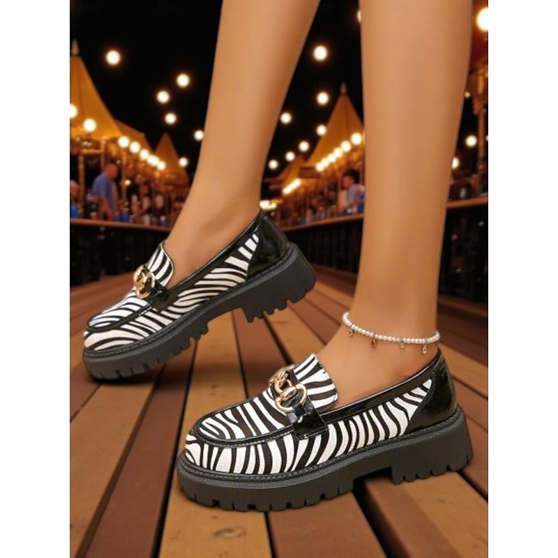 Women's Zebra Print Loafers – Chunky Platform Slip-On Shoes with Gold Chain Detail, Bold Animal Print Fashion Flats for Casual Outfits, Streetwear and Oktoberfest2