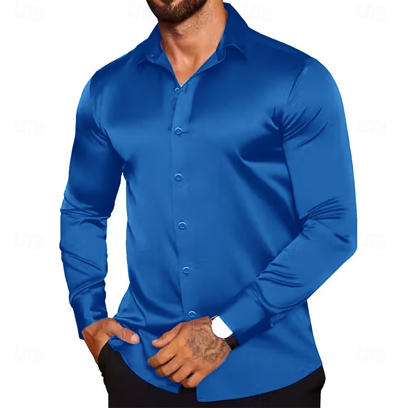 Men's Shirt Silk Like Satin Shirt Casual Shirt Button Up Shirt Plain Formal Wedding Light Blue Black White Wine Long Sleeve Lapel Spring &  Fall All Seasons Clothing Apparel