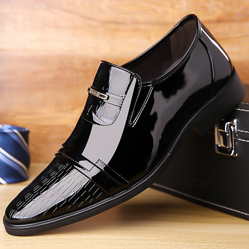 Men's Glossy Black Patent Loafers with Buckle Detail – Elegant Dress Shoes for Formal Events and Weddings