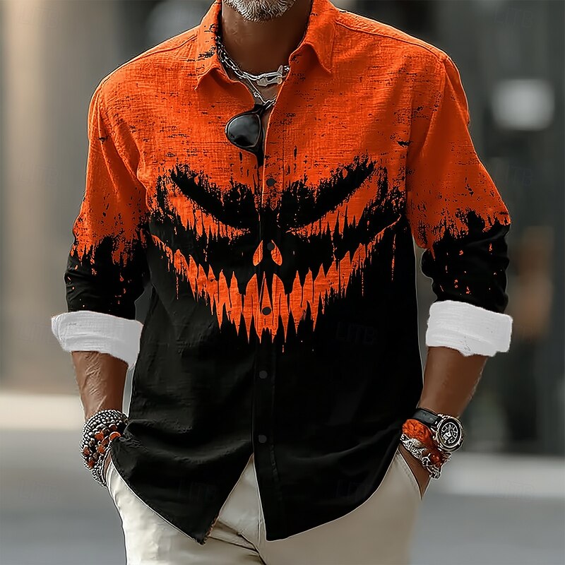 Halloween Men's Pumpkin Halloween Costumes Shirt Button Up Shirt Long Sleeve Dark Gothic Style Outdoor Holiday Spring Fall Turndown 3D Print Front One Pocket Linen Like Shirt Black / Orange Orange2