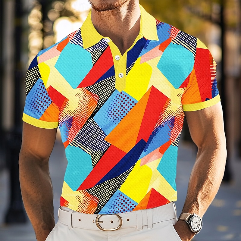 Men's Polo Vacation Street Turndown Short Sleeve Vacation Geometric Color Block Buttons Summer Grey Yellow Green Purple Polo