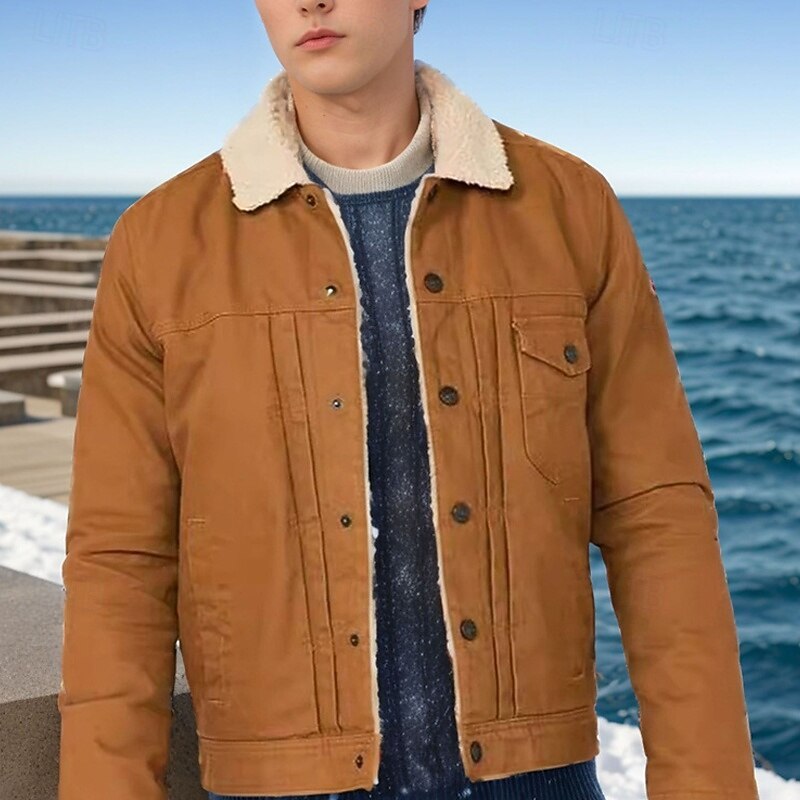 Men's Winter Jacket Fleece Jacket Cargo Jacket Casual Jacket Vacation Daily Thermal Warm Pocket Fleece Fall Winter Plain Fashion Streetwear Lapel Regular Black Khaki Dark Gray Jacket