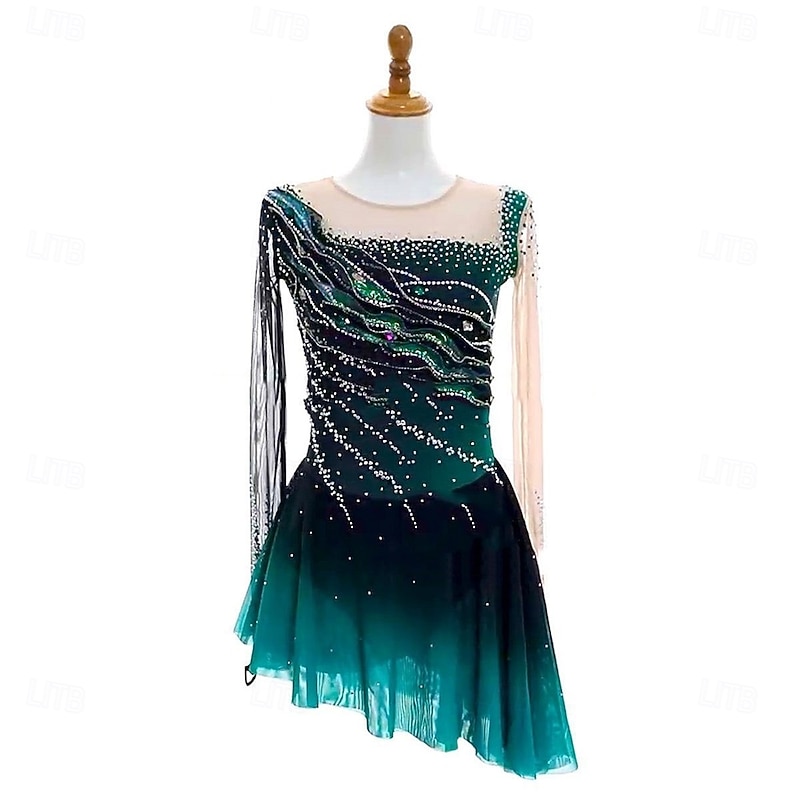 Figure Skating Dress Women's Girls' Ice Skating Dress Dark Green Open Back Asymmetric Hem Mesh High Elasticity Training Competition Skating Wear Classic Crystal / Rhinestone Long Sleeve Ice Skating Figure